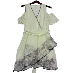 Foxiedox Womens M Ivory Cold Shoulder Wrap Dress Floral Lace Asymmetrical NWT